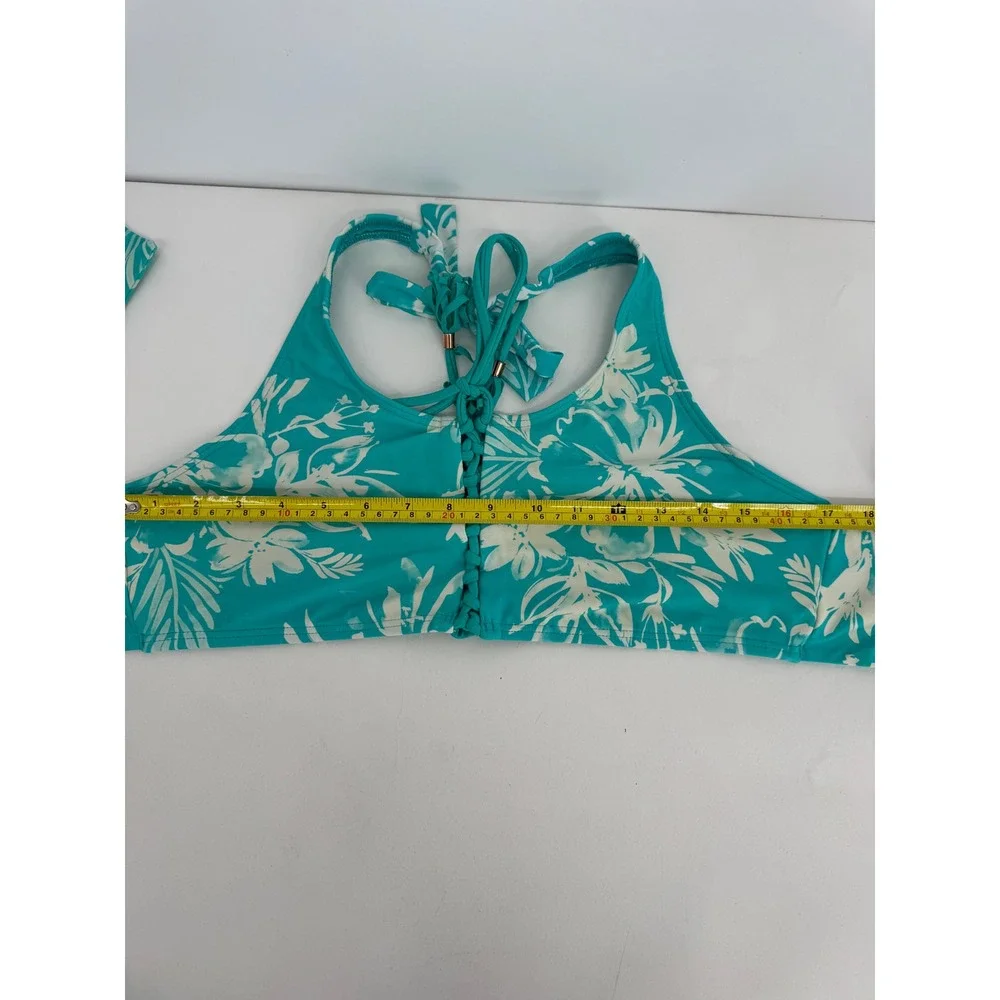Swim Systems Sz 38D Teal White Floral Halter Bikini Top Lace Up Tassel Swimwear